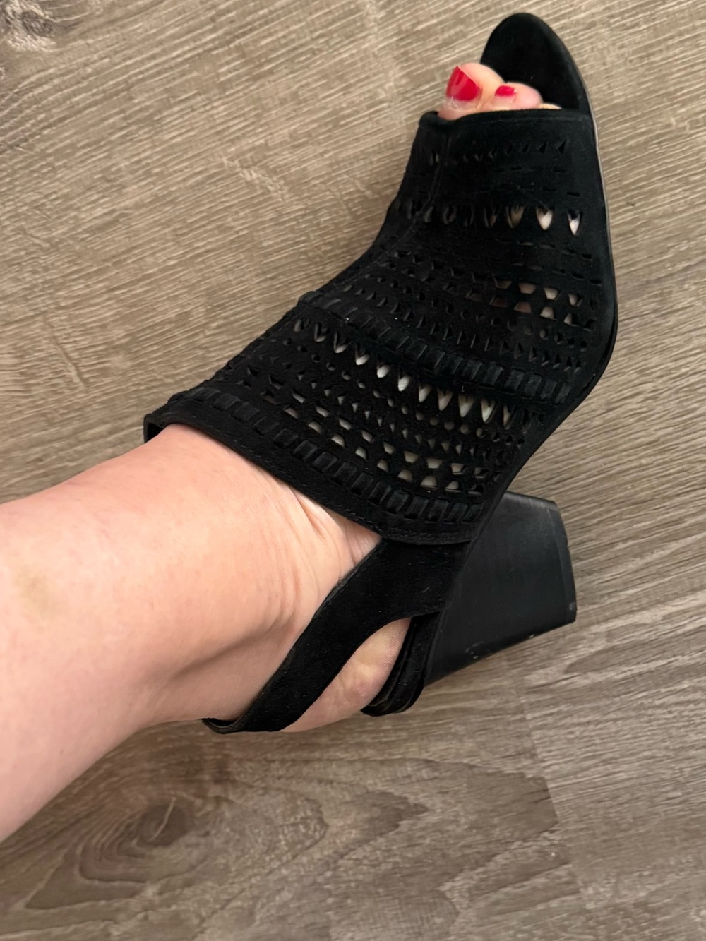 Vince Camuto Black Suede Laser-Cut Peep Toe Block Heels
